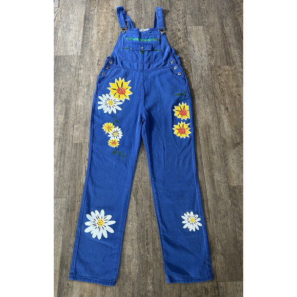MISSLOOK Denim - Misslook Flower Overalls Sz 2XL Blue Painted Floral Denim Jeans Bibs Pants 34x29